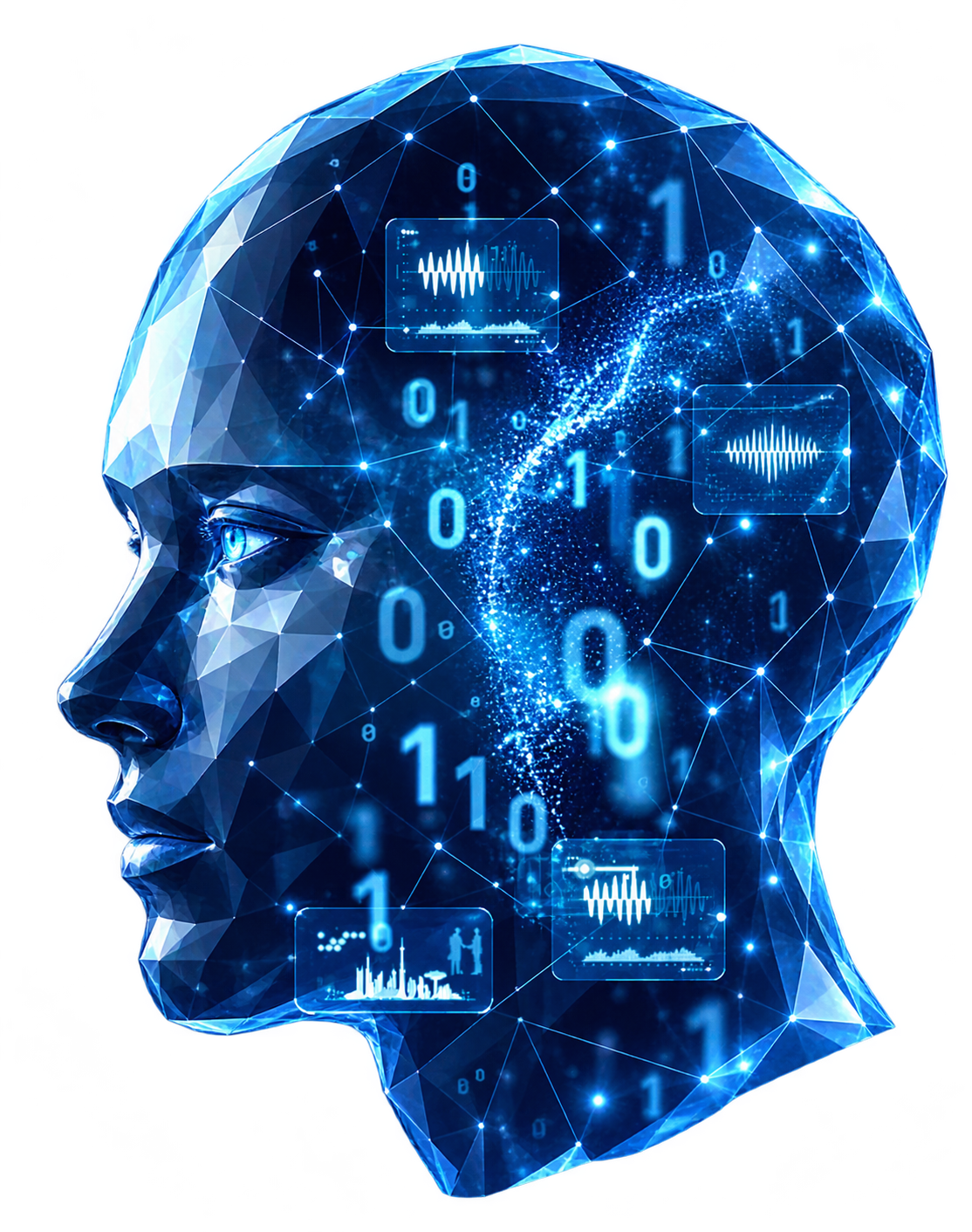 The selected blue holographic AI face with connected points and data patterns