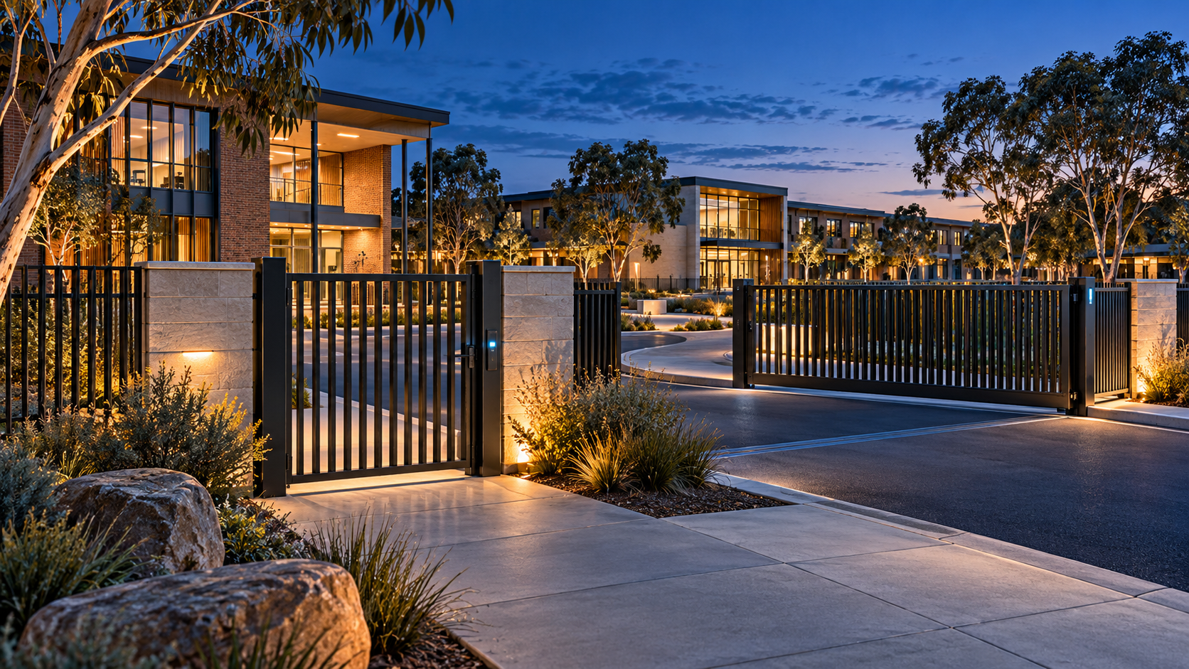 AI-generated architectural concept of an Australian school campus with pedestrian and vehicle gates at blue hour