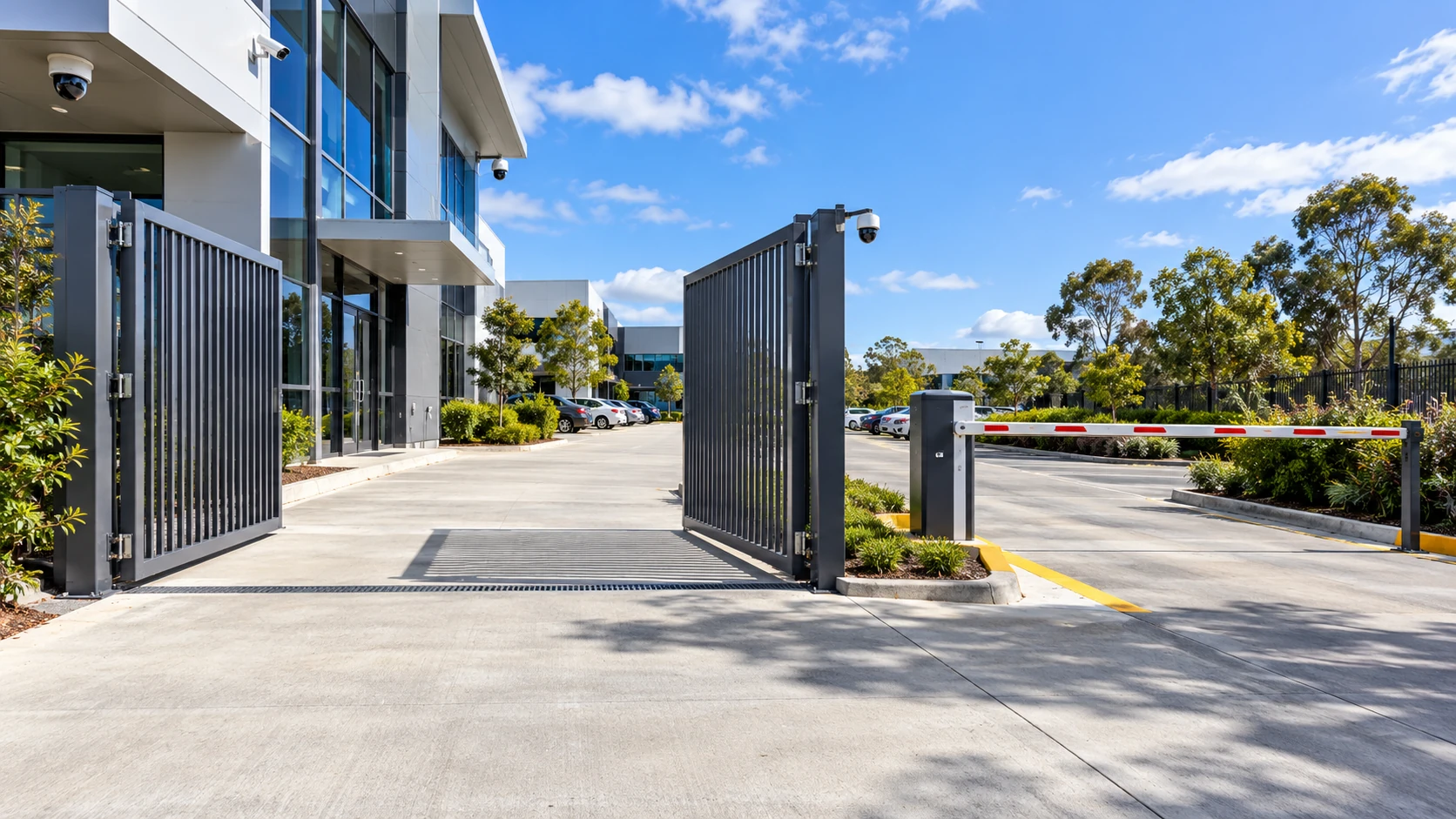 Bright commercial entrance with two-leaf gates, a boom barrier and CCTV