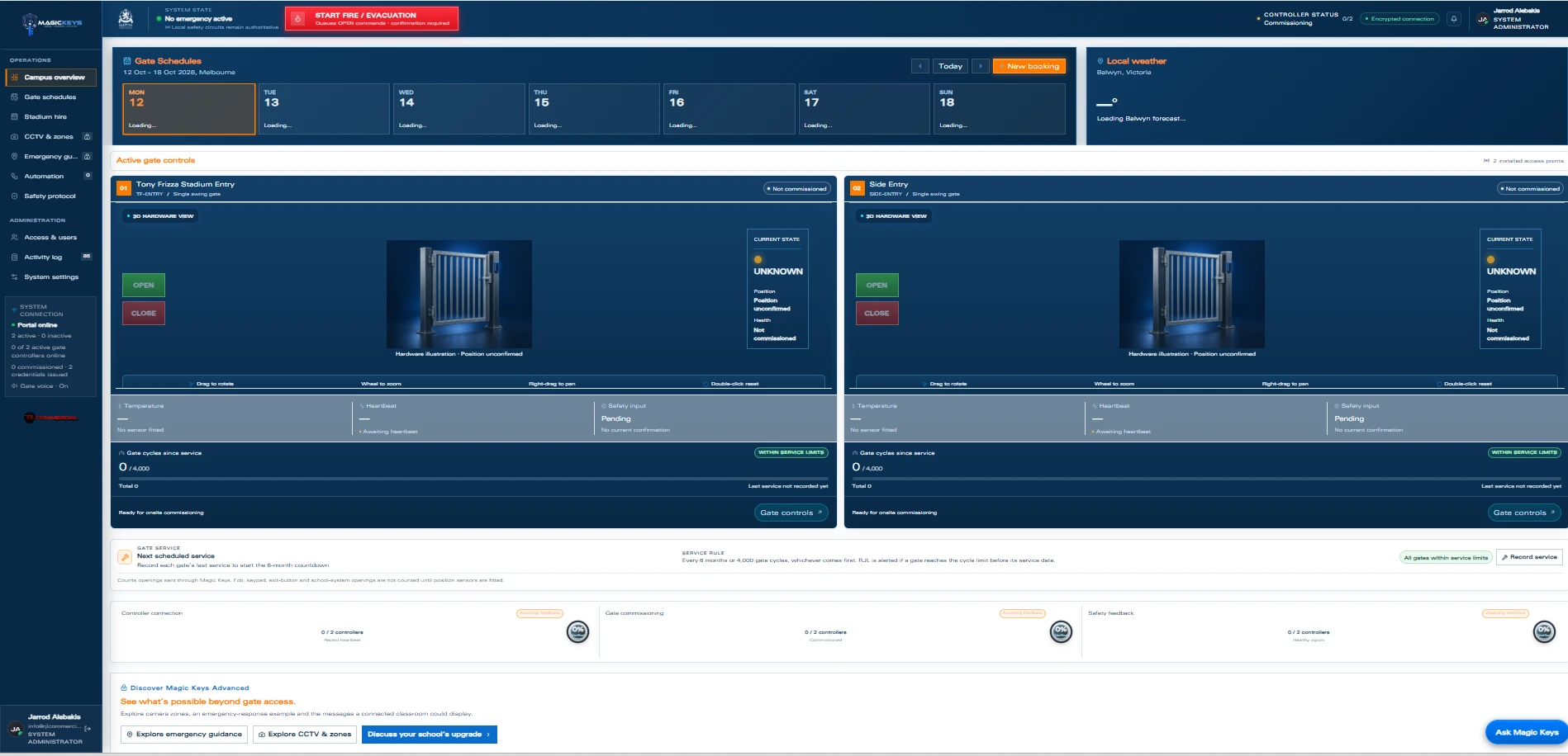 Current MagicKeys portal layout with gate controls, schedules and operator navigation