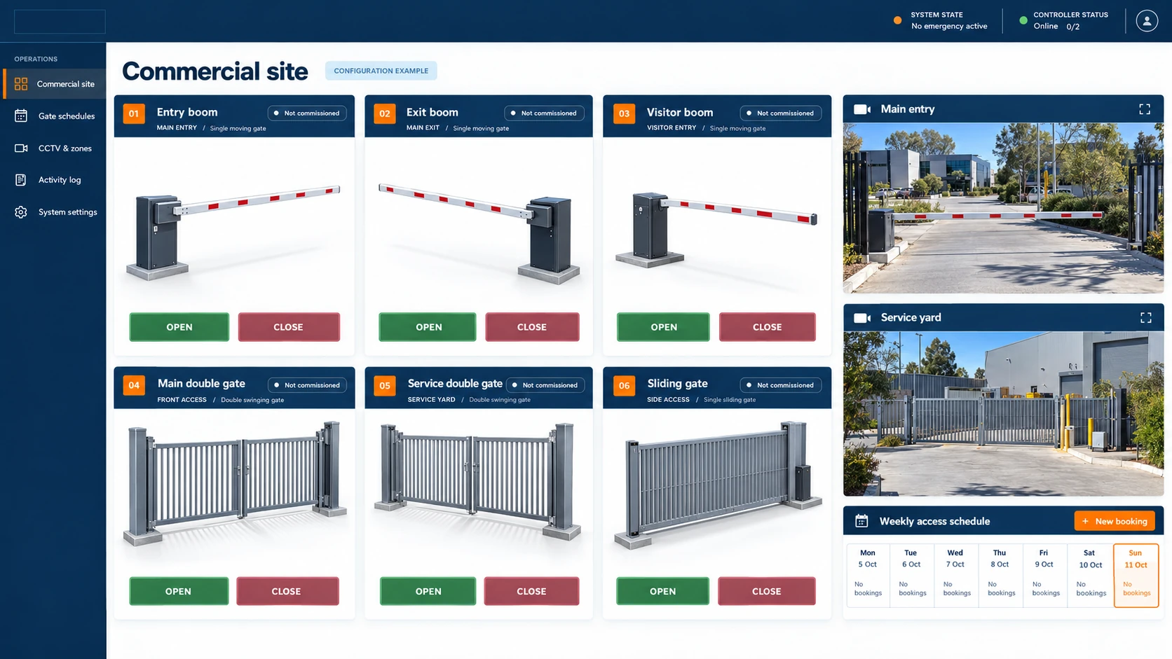 Custom commercial dashboard with three boom gates, two double gates, a sliding gate and CCTV
