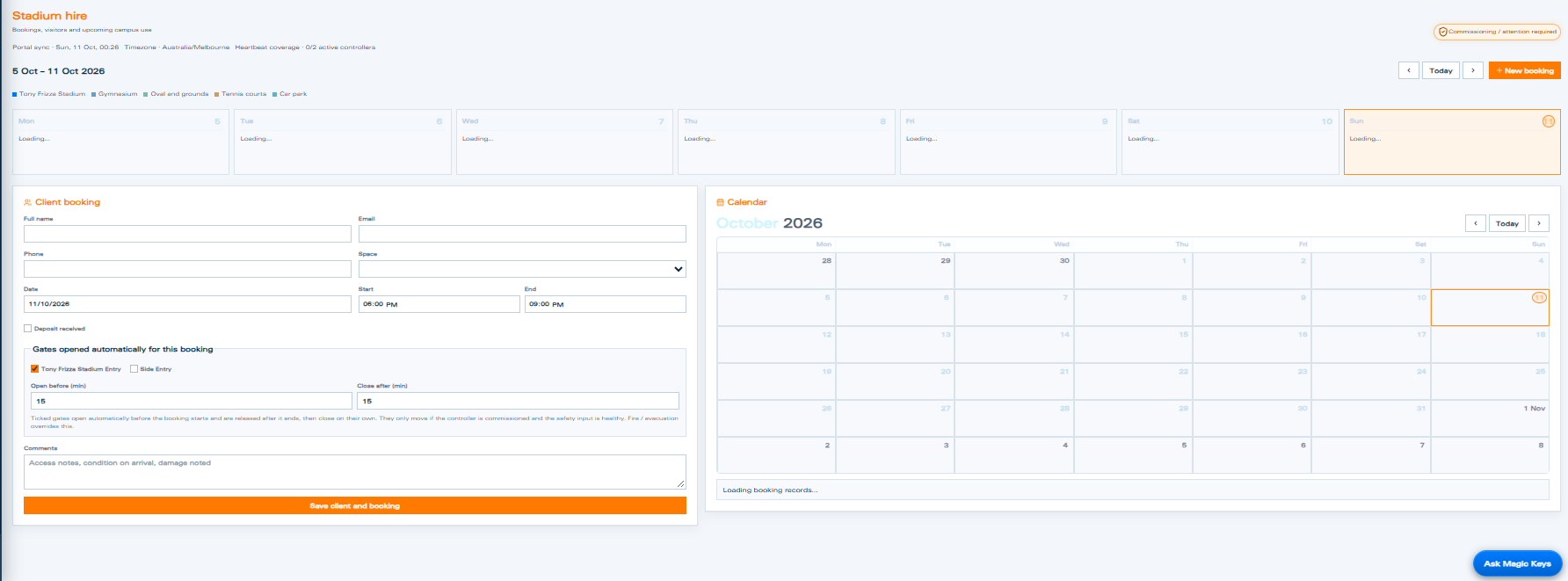 MagicKeys venue booking calendar and booking details form