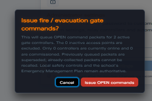 MagicKeys confirmation dialog for issuing fire or evacuation gate commands