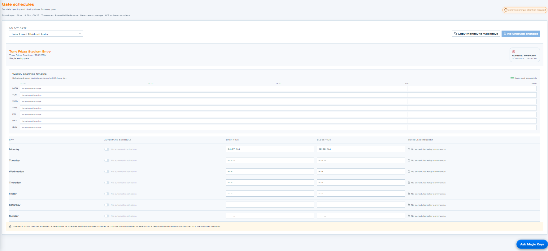 MagicKeys gate schedules screen with gate selection and a weekly calendar