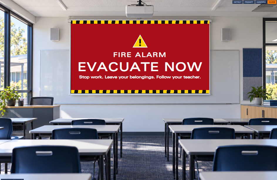 Illustrative projector displaying an evacuation message