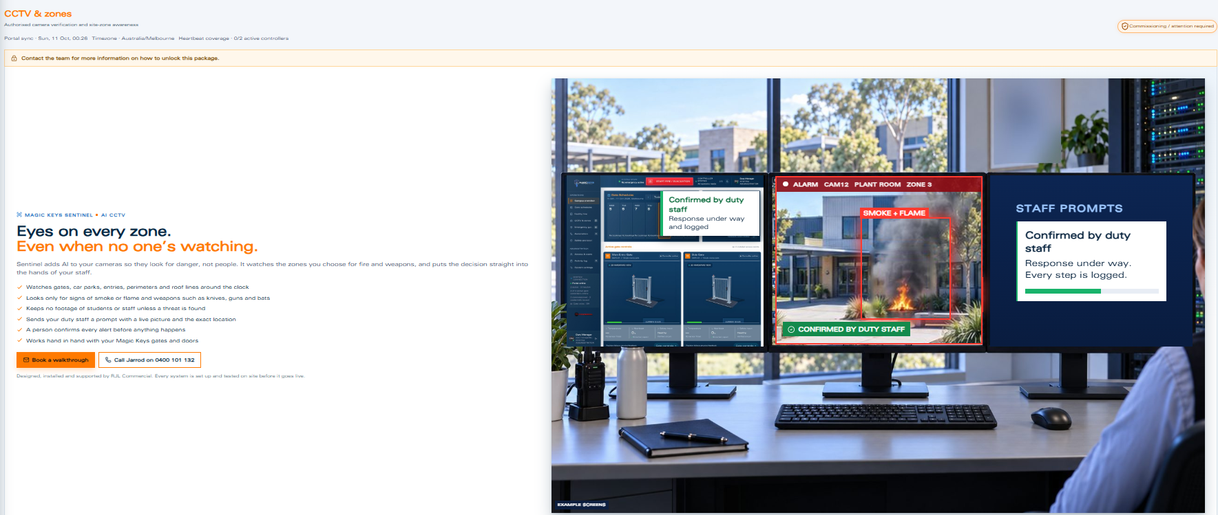 Illustrative Sentinel CCTV workstation with camera views and a staff review prompt
