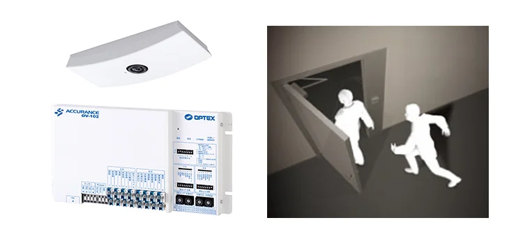 Detection equipment beside an illustration of two people entering through one doorway