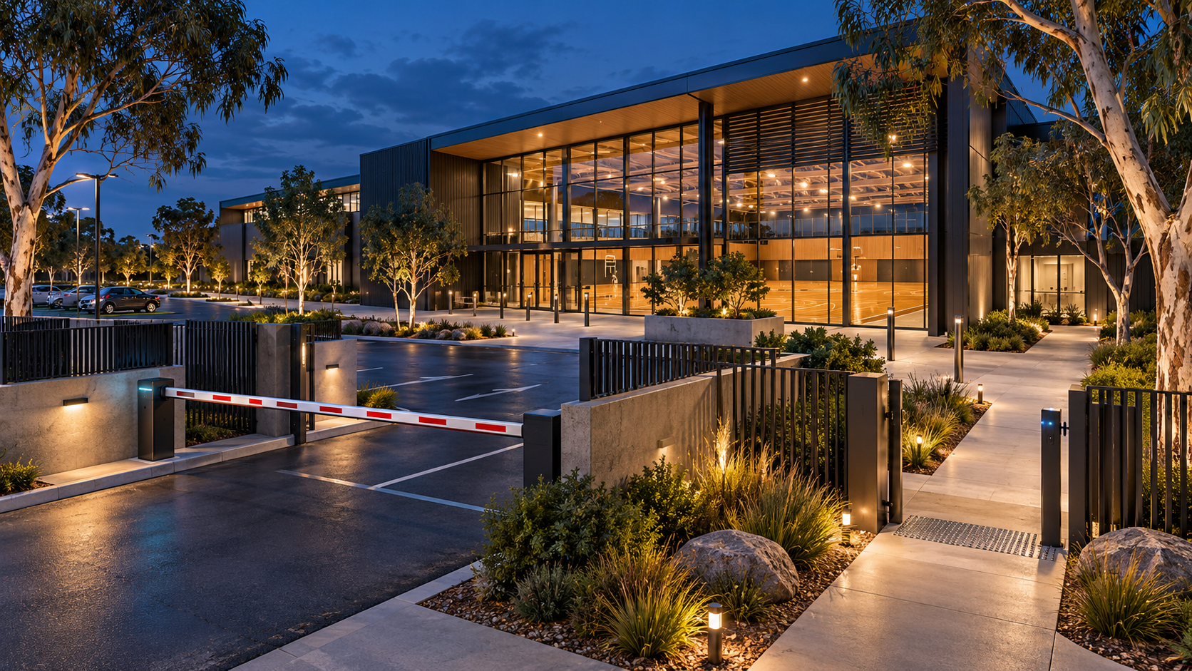 AI-generated architectural concept of a community sports venue with a parking boom gate and pedestrian entrance at blue hour